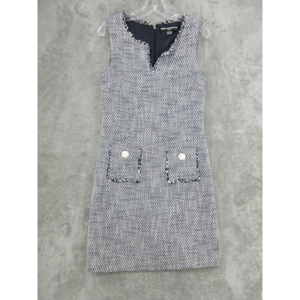 Karl Lagerfeld Dress Womens Size 8 Blue Tweed Sheath Office Career Fringe Zip